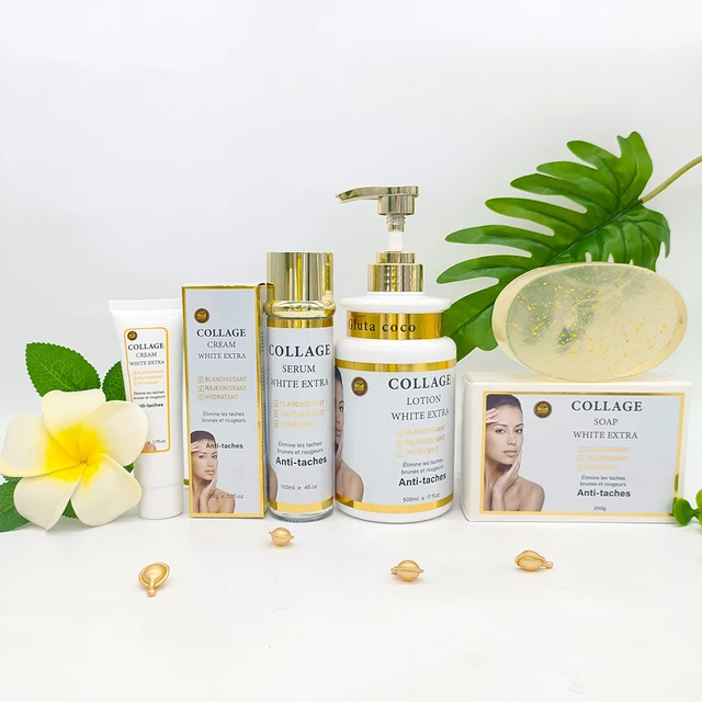 Whitening extra collagen set,lotion,serum,face cream soap ,and tube,for whitening/bleaching ,anti scar,stretch,green vein,